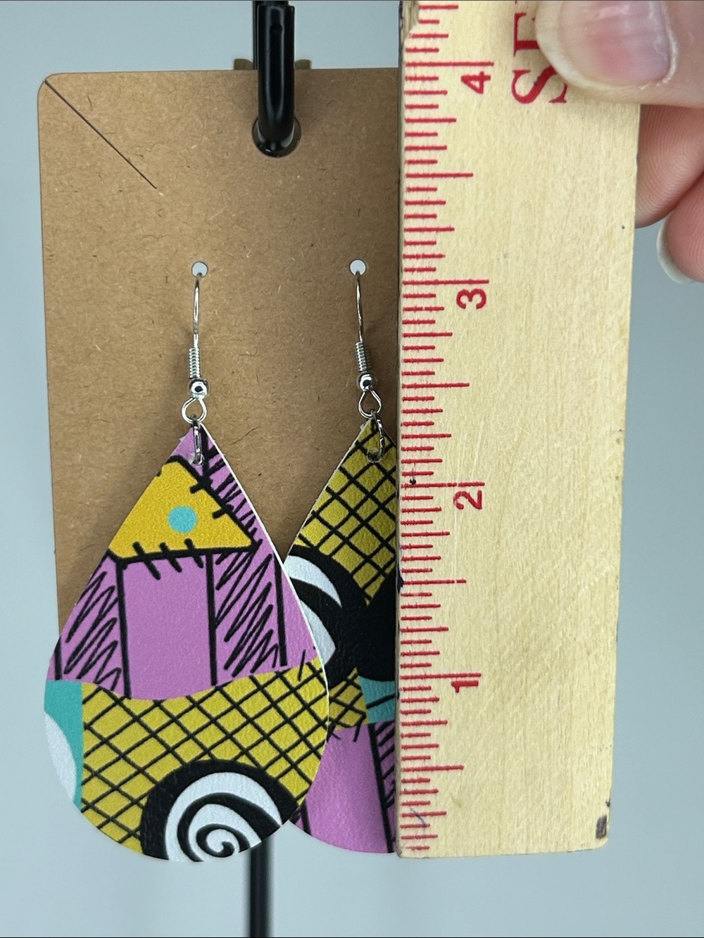 Sally’s Dress Print Nightmare Before Christmas Teardrop Faux Leather Earrings - Picture 2 of 4